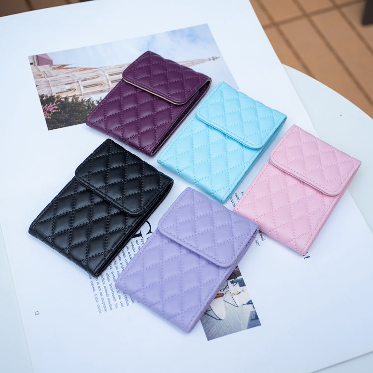 Assorted quilted vertical card holder wallets with flap in purple, blue, pink, and black