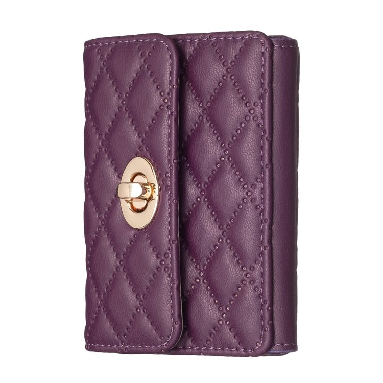 Dark purple quilted card bag with metal buckle clasp and two front panels