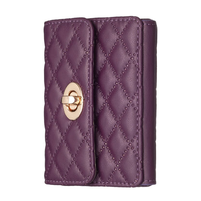 Dark purple quilted card bag with metal buckle clasp and two front panels