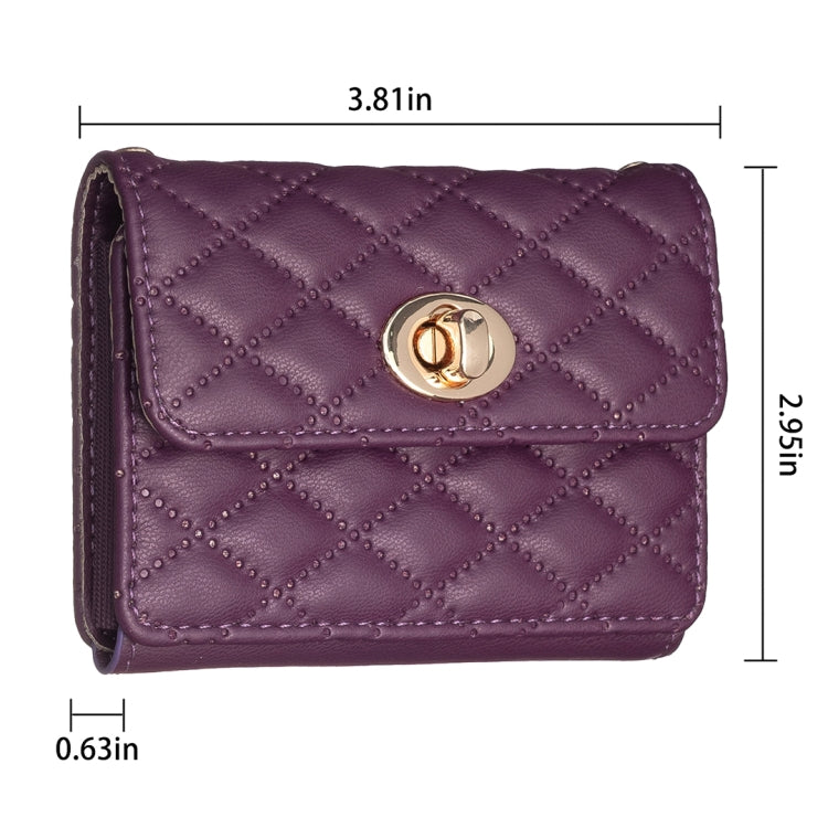 Purple quilted horizontal card bag with gold-tone metal buckle clasp, 3.81in size