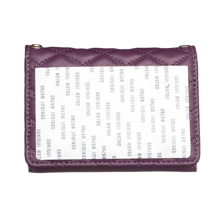 Purple quilted wallet-style card bag with back panel showing small printed numbers