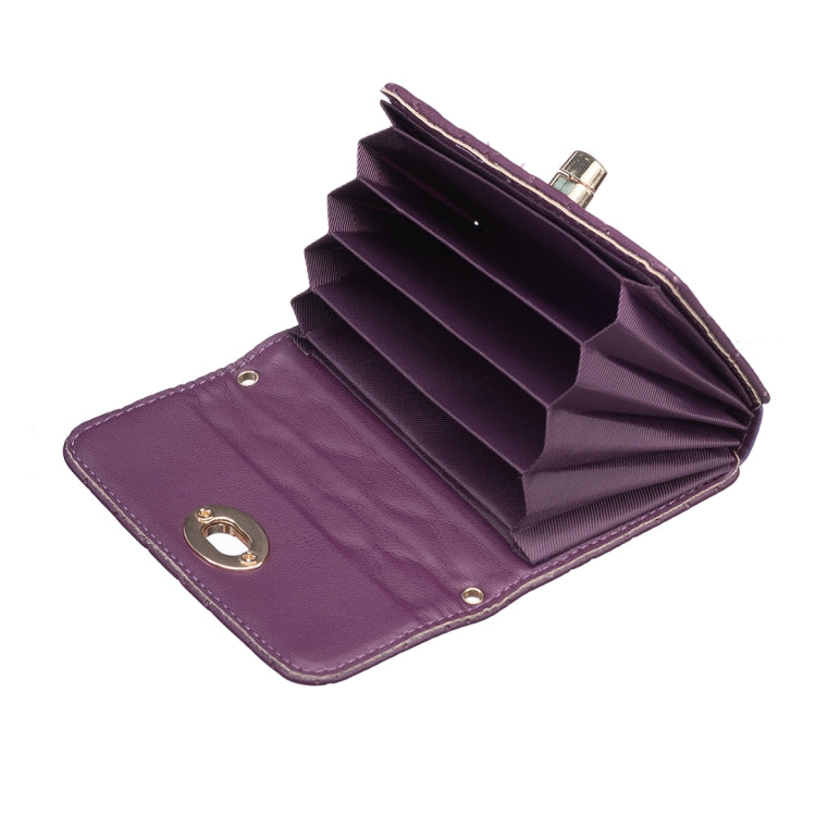 Purple quilted card bag open view with gold-tone snap buckle and card slots