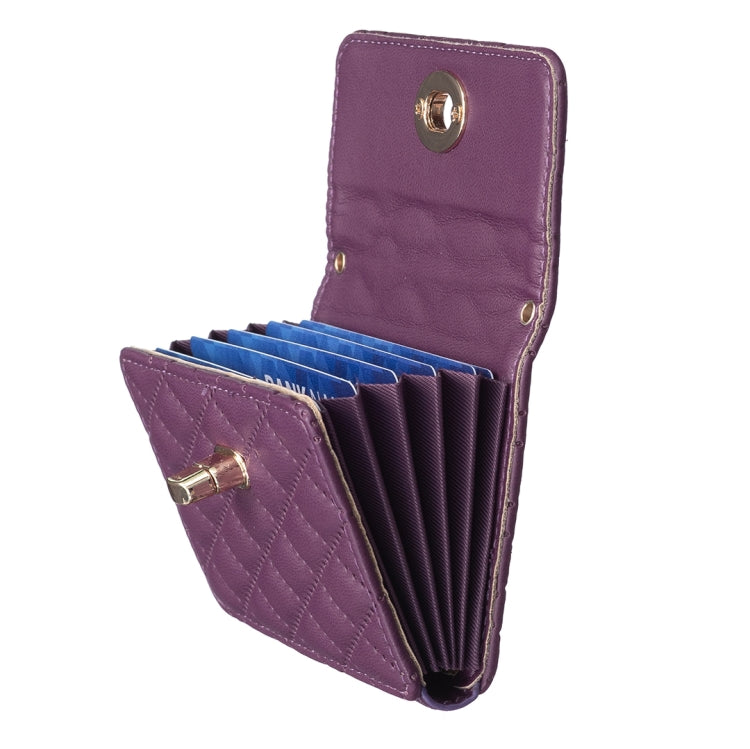 Purple quilted card bag with fold-open design and multiple card slots inside