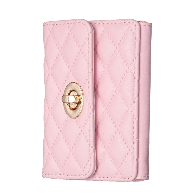 Pink quilted card bag with gold-tone metal buckle clasp and two front panels