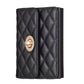 Black quilted card bag with gold-tone metal buckle clasp and two front panels