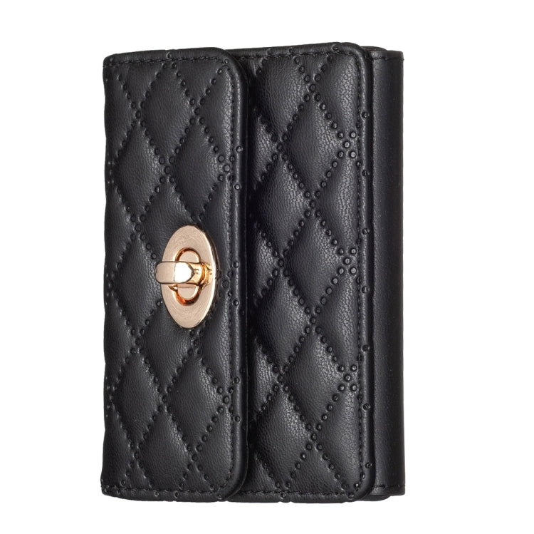 Black quilted card bag with gold-tone metal buckle clasp and two front panels
