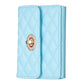 Light blue quilted card bag with gold-tone metal buckle clasp and two front panels