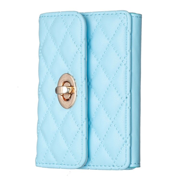 Light blue quilted card bag with gold-tone metal buckle clasp and two front panels