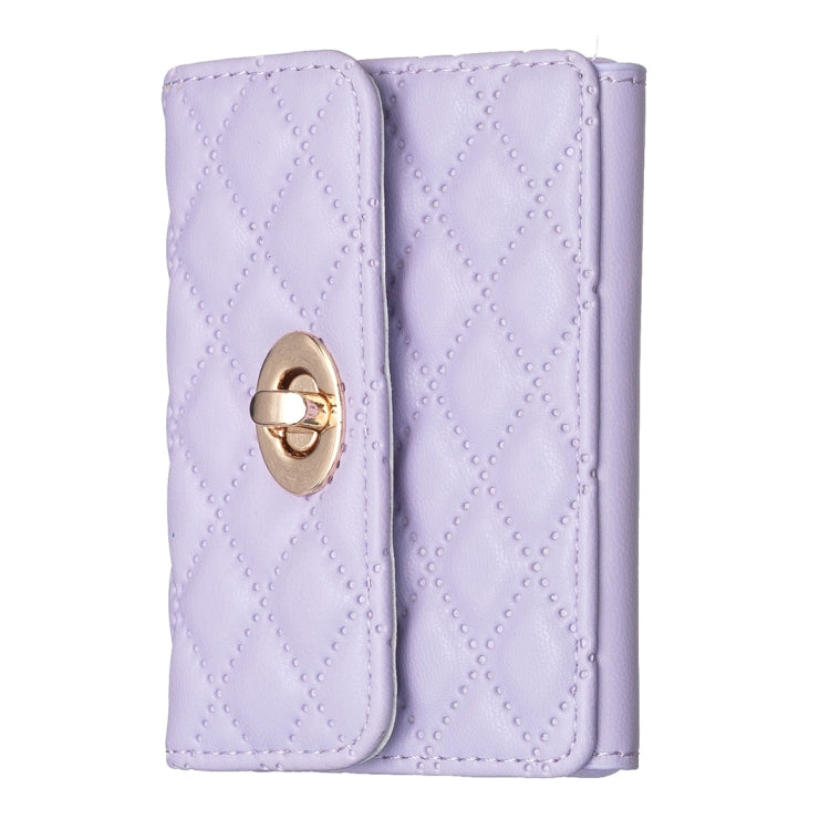 Lilac quilted card bag with gold-tone metal buckle clasp and two front panels