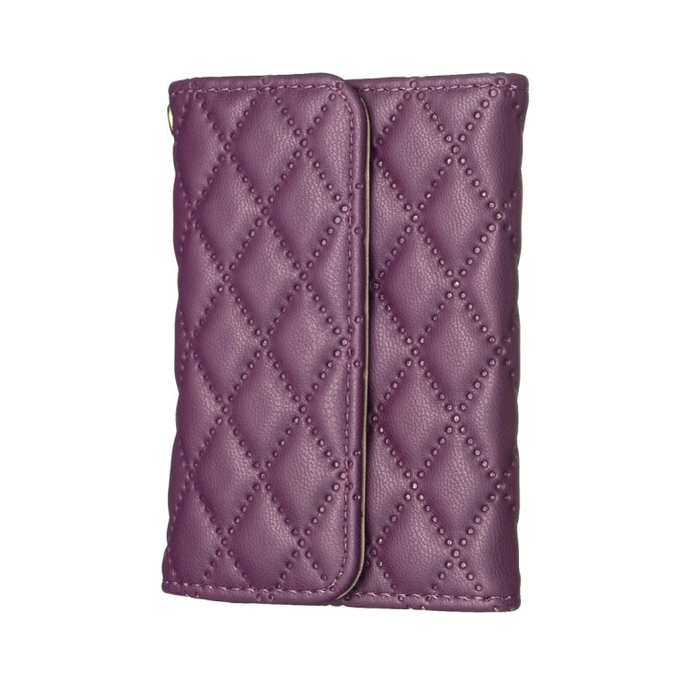 Dark purple quilted phone card holder with two vertical card slots, snap-closure flap