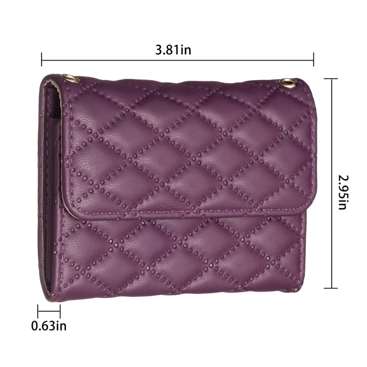 Dark purple horizontal phone card holder with quilted texture and snap closure
