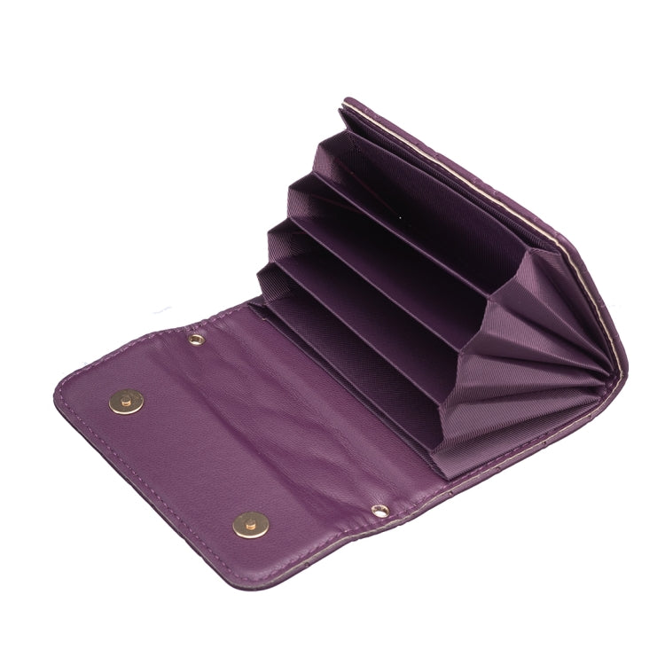 Dark purple phone card holder wallet open with multiple card slots and snap flap