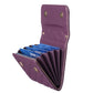 Dark purple quilted phone card holder open with card slots and snap buttons