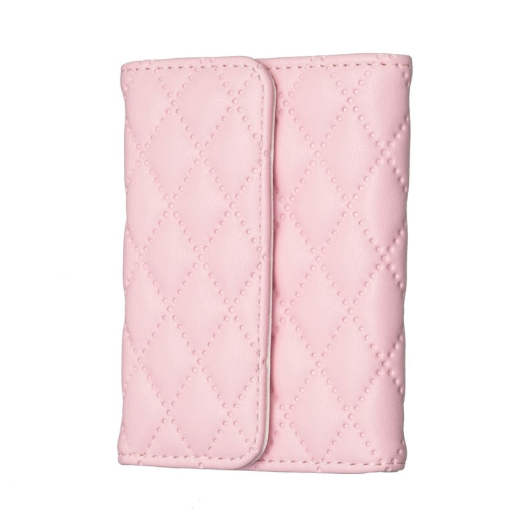 Pink quilted phone card holder with two vertical card slots and snap-closure flap