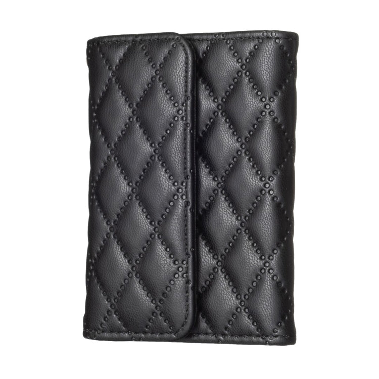 Black quilted phone card holder with two vertical card slots and snap-closure flap