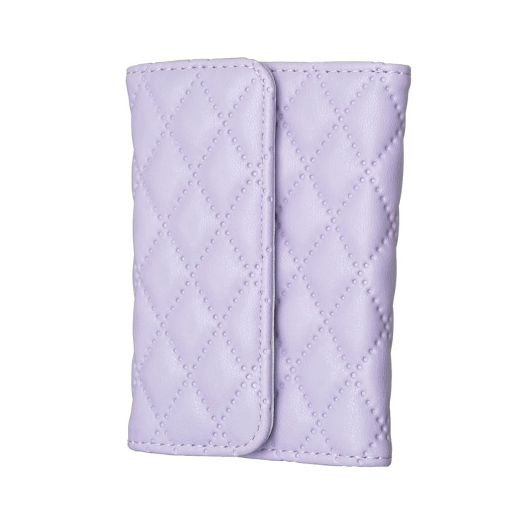 Light purple quilted phone card holder with two vertical card slots and snap-closure flap
