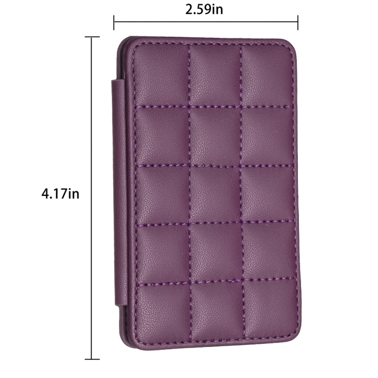 Dark purple grid card bag back sticker with side tab and stitched seams.