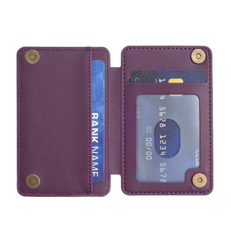 Dark purple card bag back sticker with card slots and stitched grid panel.