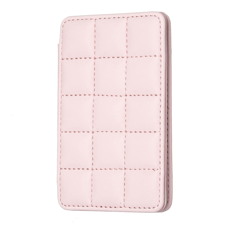 Pink mobile phone card bag back sticker with stitched grid pattern.
