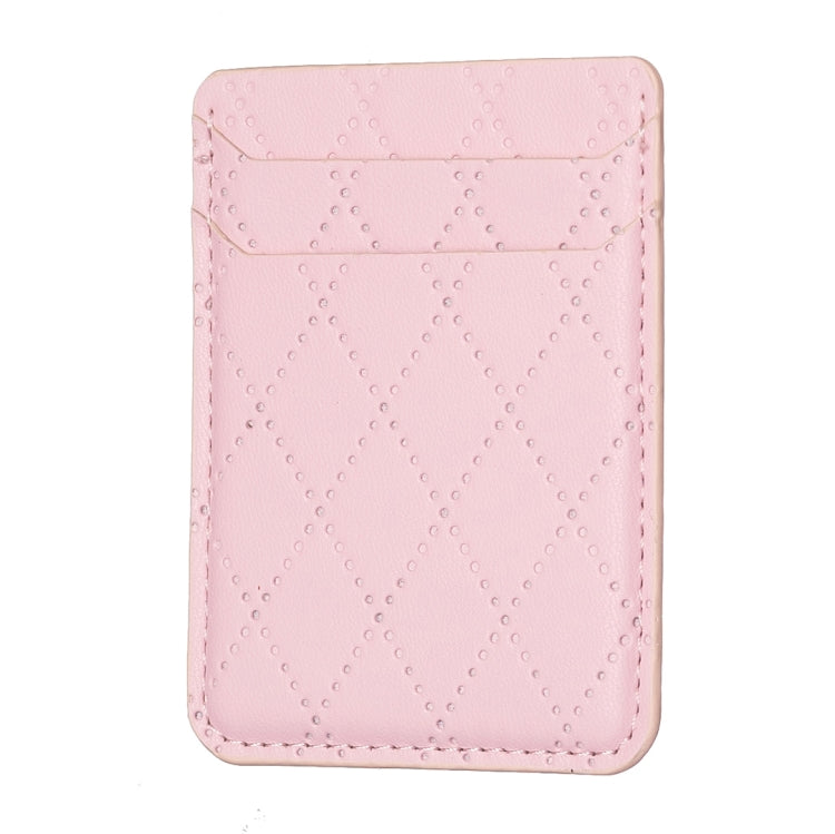 Pink diamond lattice card holder sticker with top fold and stitched border.