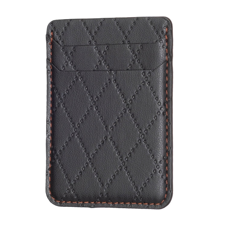 Black diamond lattice card holder sticker with orange stitching and top fold.