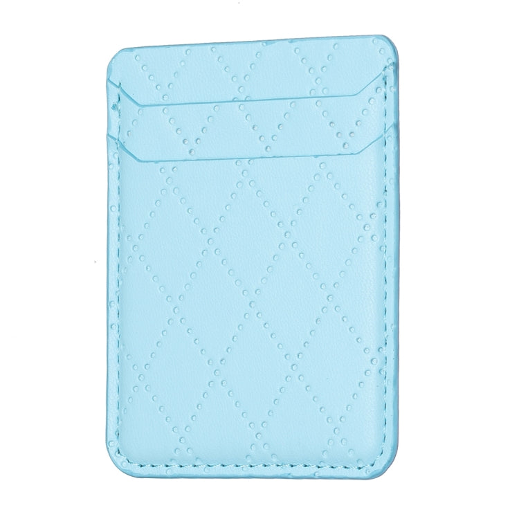 Light blue diamond lattice card holder sticker with stitched border and top fold.