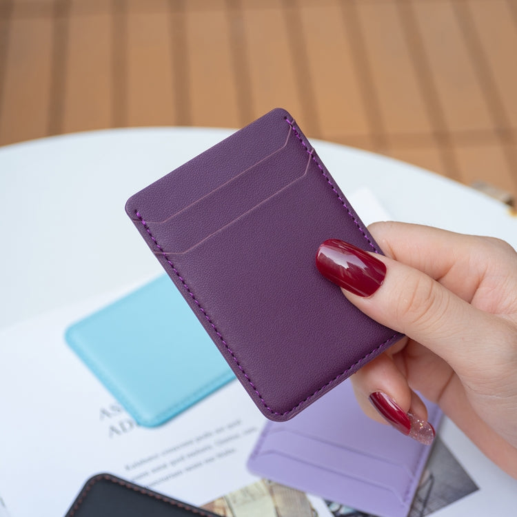 Purple card holder back sticker with top pocket, shown with extra cards