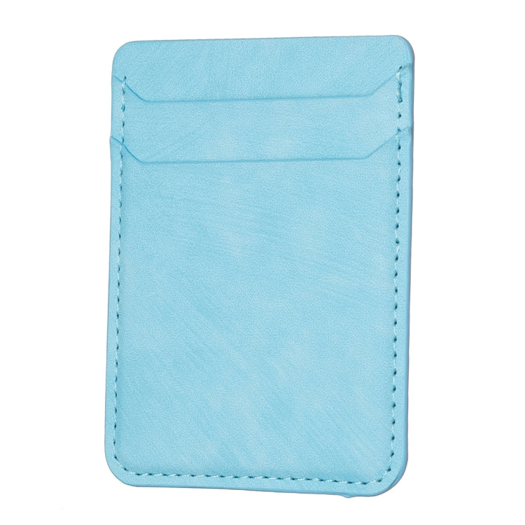 Light blue faux-leather phone card holder with top flap and stitched border