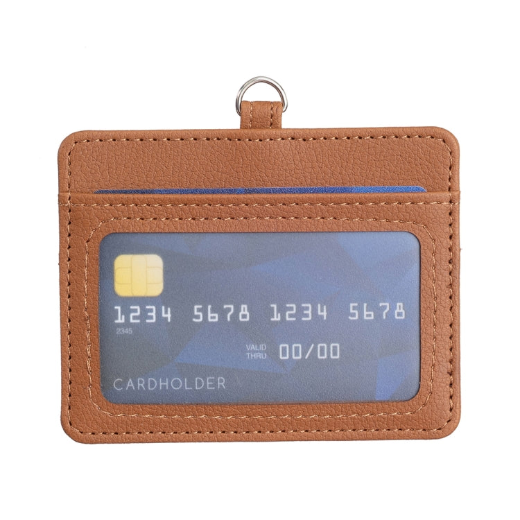 Brown horizontal ID card holder with clear card window and metal keyring top