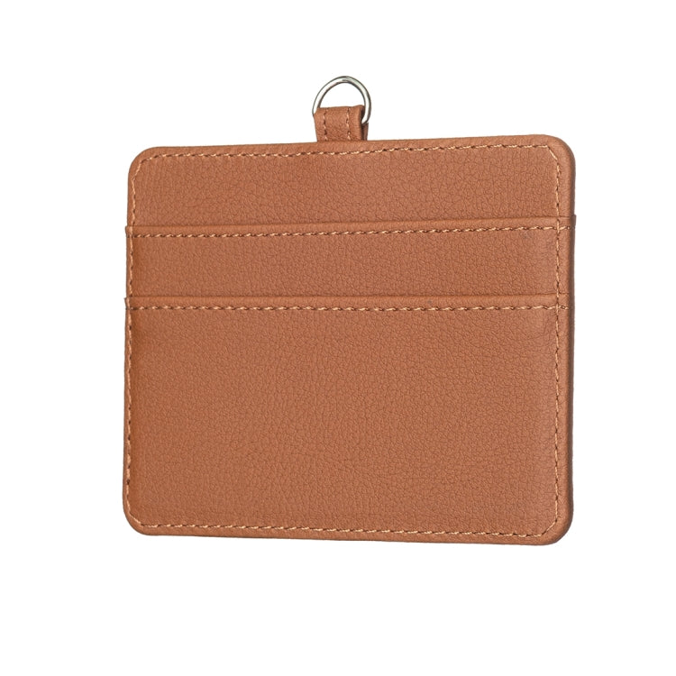 Brown horizontal ID card holder with stitching and metal keyring top