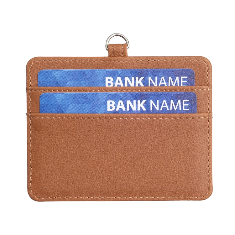 Brown horizontal ID card holder with stacked card slots and metal keyring top