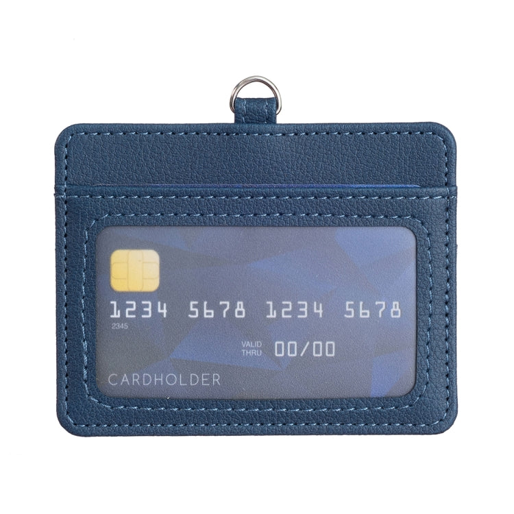 Blue horizontal ID card holder with clear card window and metal keyring top