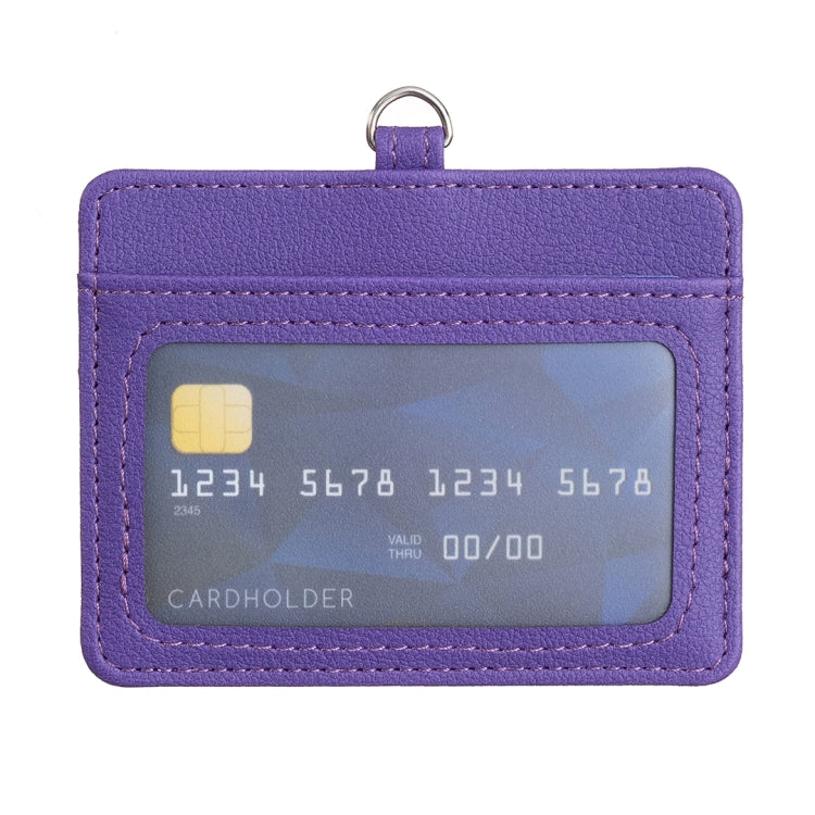 Purple horizontal ID card holder with clear card window and metal keyring top