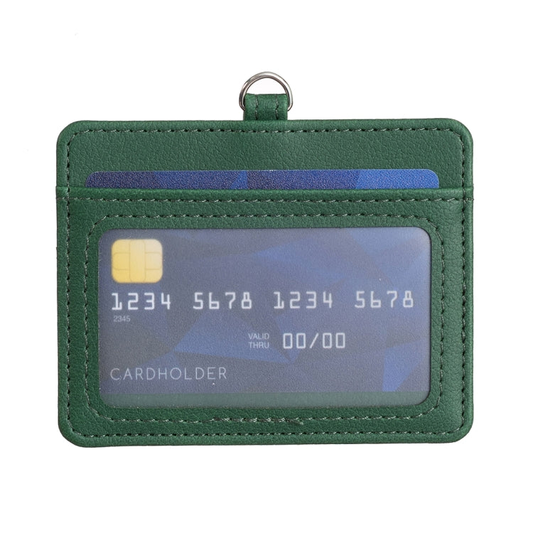 Green horizontal ID card holder with clear card window and metal keyring top
