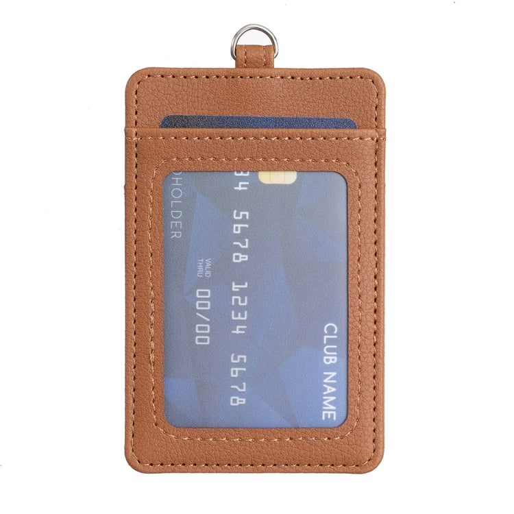 Brown vertical ID card bag with clear window and top metal keyring loop