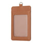 Brown vertical ID card bag with clear front window and stitched edge trim