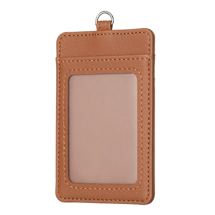 Brown vertical ID card bag with clear front window and stitched edge trim