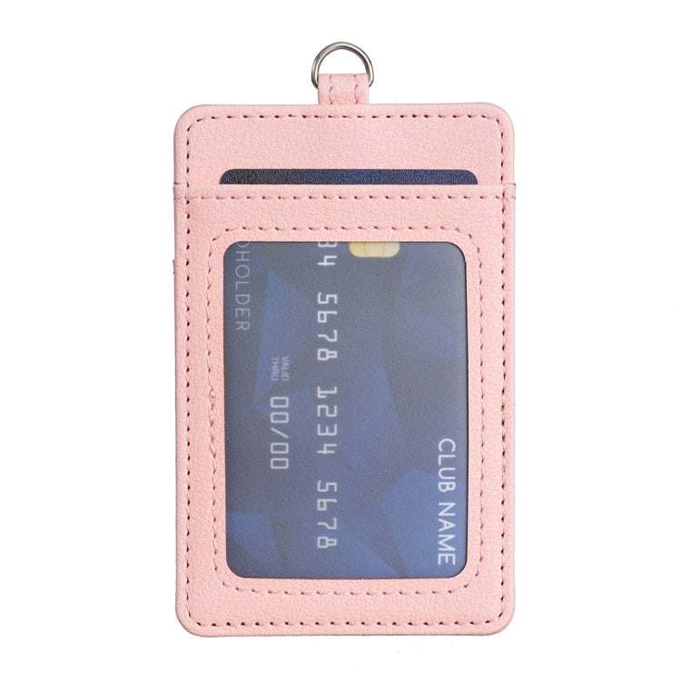 Pink vertical ID card bag with clear ID window and top metal keyring loop