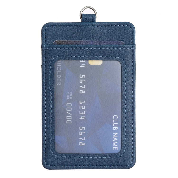 Blue vertical ID card bag with clear ID window and stitched border trim