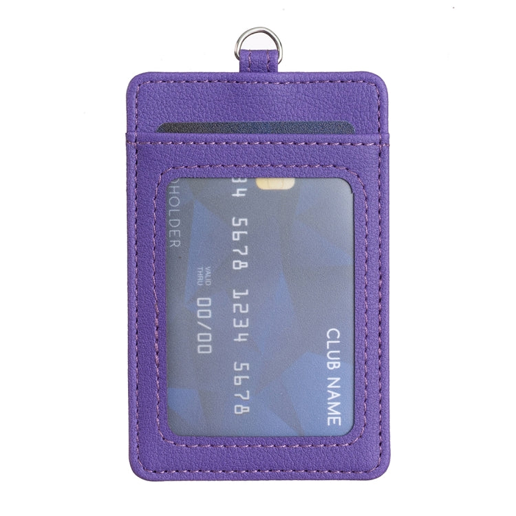 Purple vertical ID card bag with clear ID window and top metal keyring loop