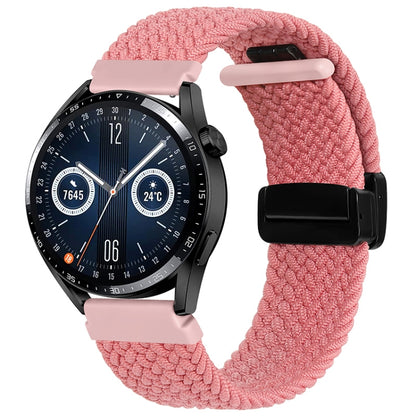 Pink woven watch band with magnetic fold clasp and black connector tab