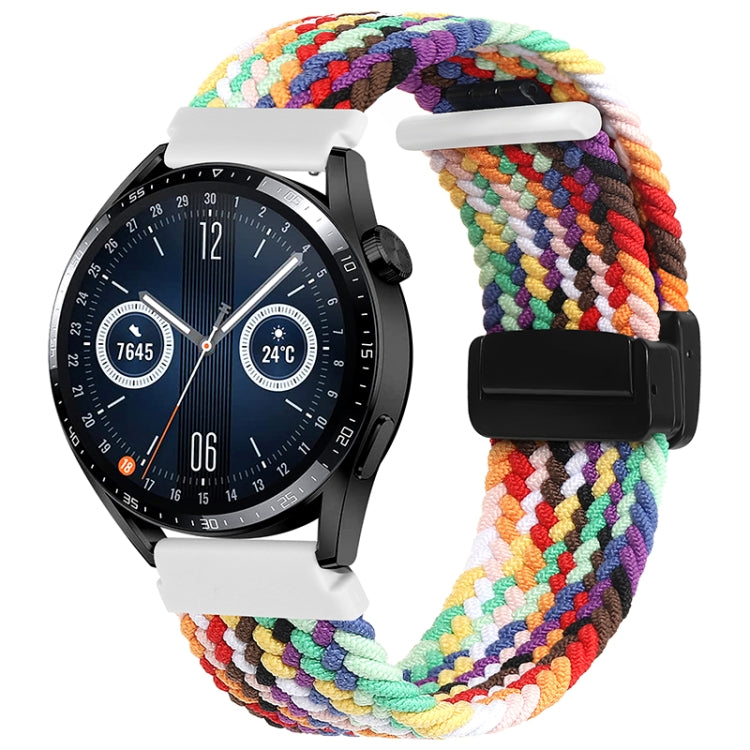 Rainbow woven watch band with magnetic fold clasp and black connector tab