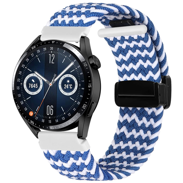 Blue-and-white striped woven watch band with magnetic fold clasp and black tab
