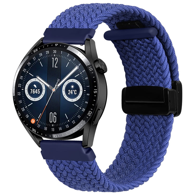 Blue woven watch band with magnetic fold clasp and black connector tab