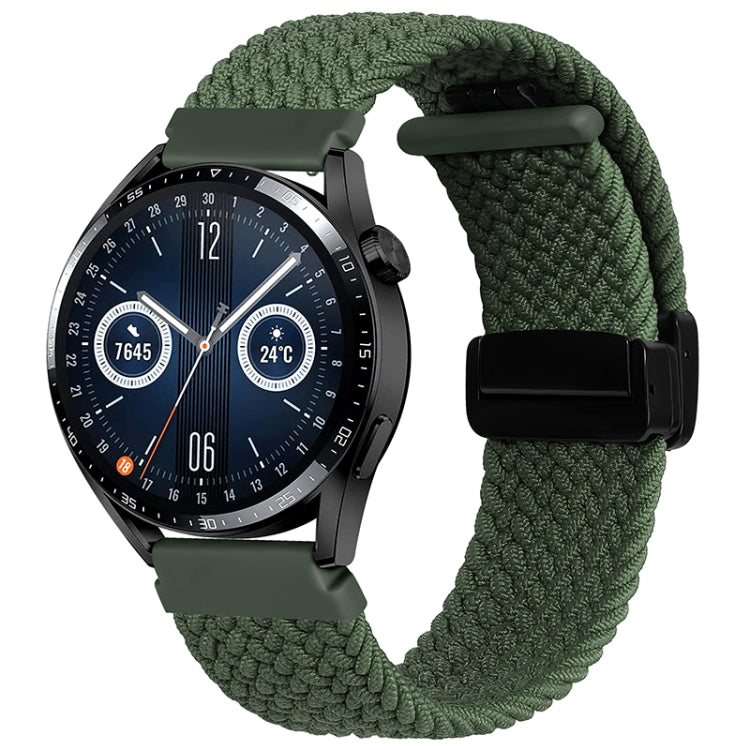 Green woven watch band with magnetic fold clasp and black connector tab