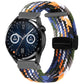 Multicolor woven striped watch band with magnetic fold clasp and black connector tab