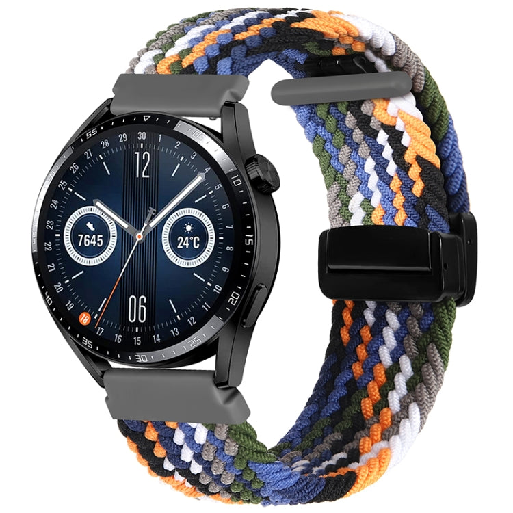 Multicolor woven striped watch band with magnetic fold clasp and black connector tab