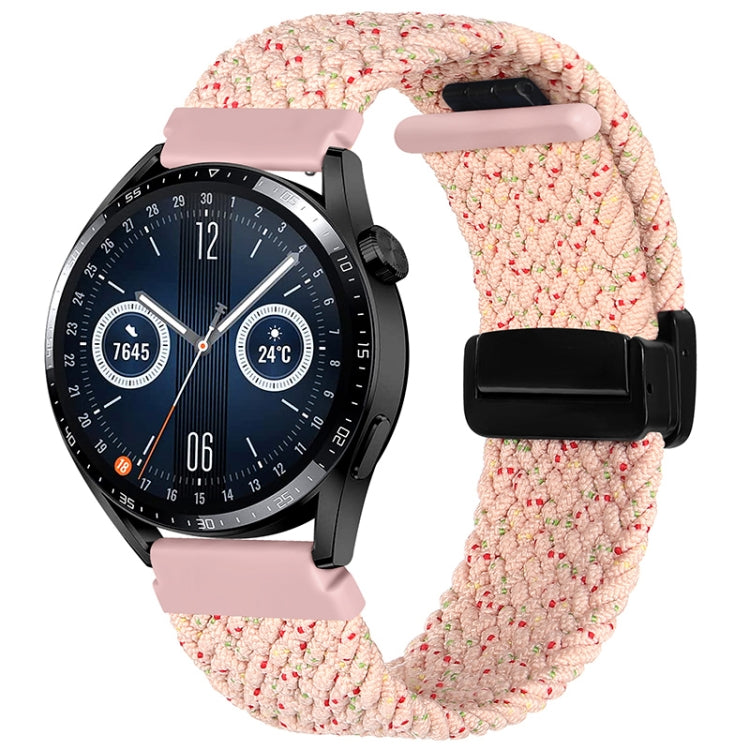 Pink speckled woven watch band with black magnetic fold clasp, strap end looped