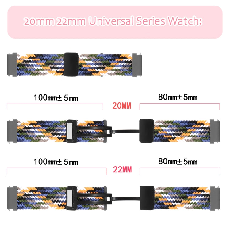 Braided woven watch band with black magnetic fold clasp, width sizing diagram