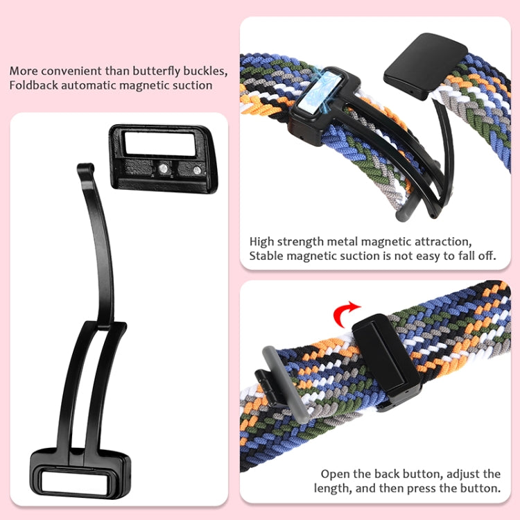 Multicolor braided woven watch band with black fold magnetic clasp and latch pieces